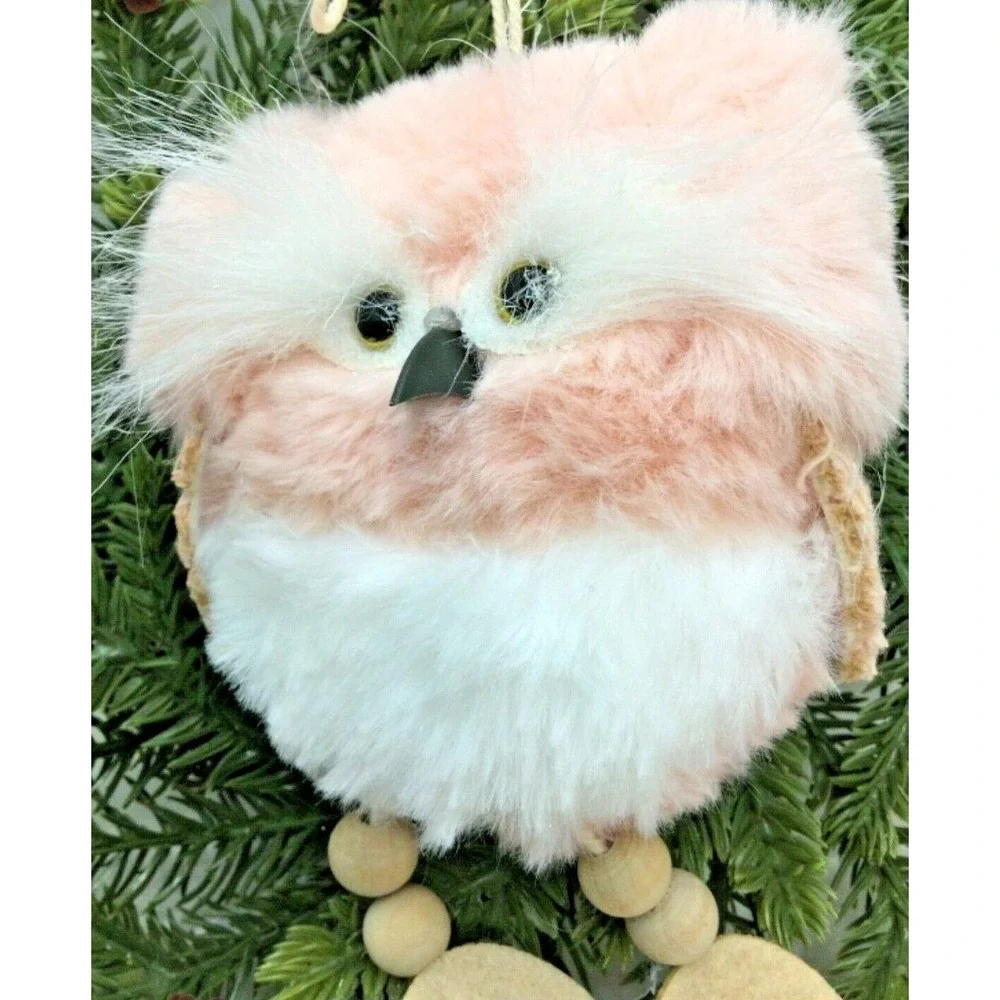 Pink‎ Fuzzy Owl Christmas Tree Ornament Wooden Legs White Bushy Eyebrows